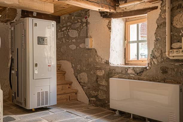 Une pièce avec un chauffage et un mur en pierre.
